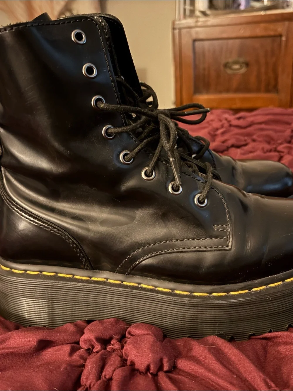 Dr. Martens Black Leather Platform Lace-Up Boot with Yellow Stitching